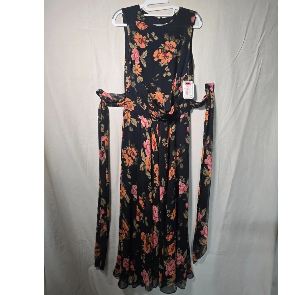 Adrianna Papell‎ 100% Silk Floral Maxi Dress Black Pink Orange Sleeveless Size 8